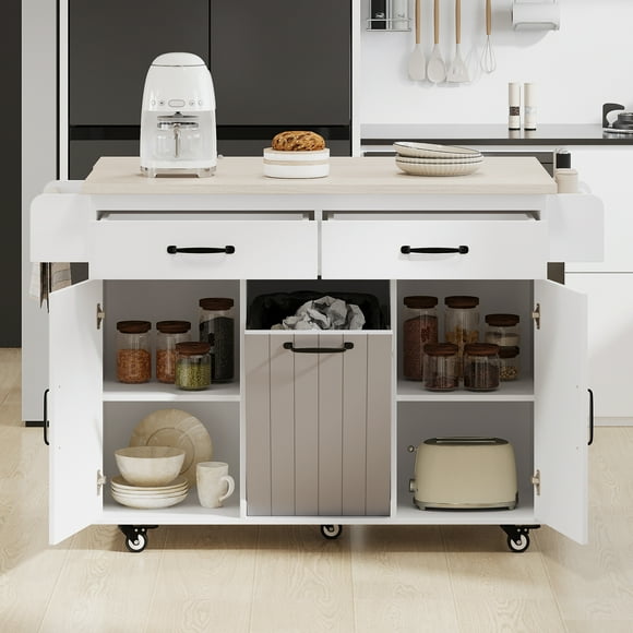 Farmhouse Kitchen Island with Trash Can Storage Cabinet, Kitchen Cart with Drop Leaf, Spice Rack, Towel Rack and Drawer, Rolling Kitchen Island on Wheels with Adjustable Shelf (White)