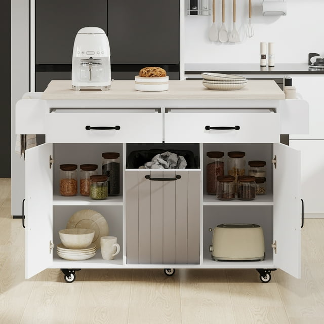 Farmhouse Kitchen Island with Trash Can Storage Cabinet, Kitchen Cart with Drop Leaf, Spice Rack, Towel Rack and Drawer, Rolling Kitchen Island on Wheels with Adjustable Shelf (White)
