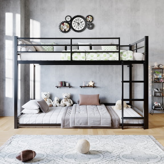 Metal Bunk Bed with Ladder and High Guardrail, Twin Over Twin Heavy Duty Bunk Beds with Storage Space, Noise Free, Black