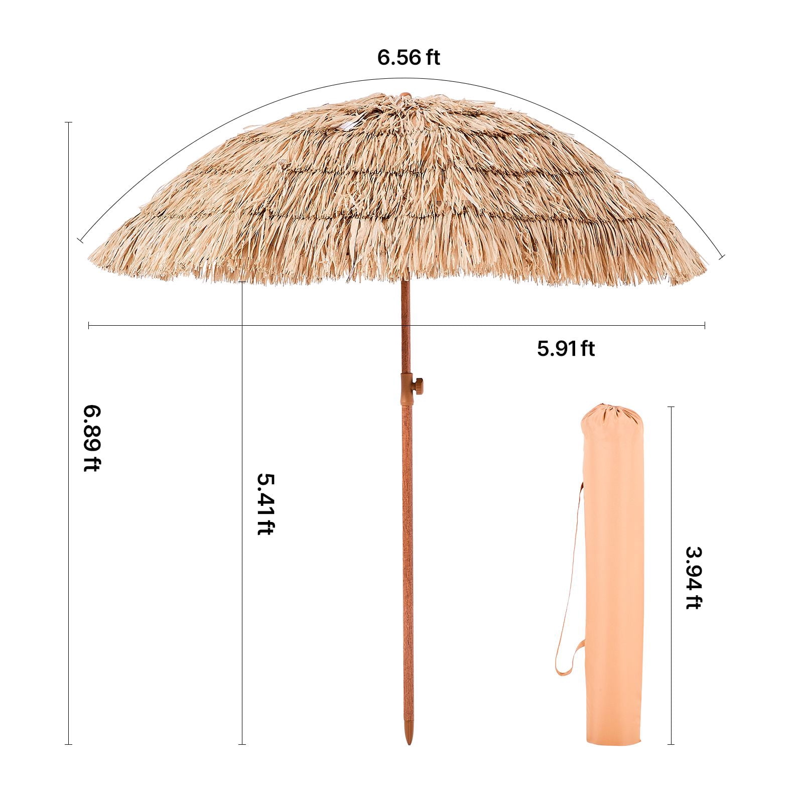 6ft Tiki Thatch Umbrella with 30° Tilt, PP Thatch & Polyester Fabric, 8 Metal Ribs, for Patio Beach Garden Outdoor Shade