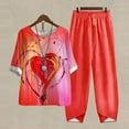 thumbnail image 1 of Ensembles d'Été 2 Pcs pour Femmes Ensemble Imprimé Manches Courtes Demi-Manches Col Rond Haut Court + Pantalon Décontracté Ensemble Deux Pièces Ensemble de Détente Grande Taille en Liquidation, 1 of 5