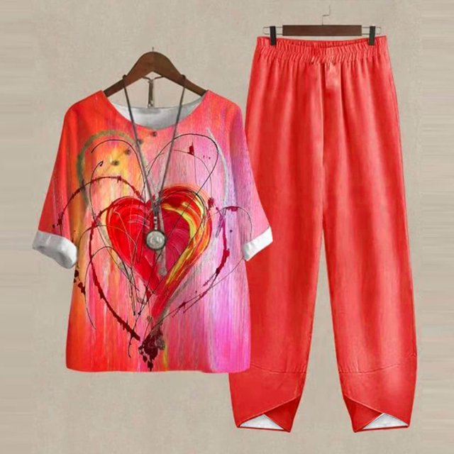 Ensembles d'Été 2 Pcs pour Femmes Ensemble Imprimé Manches Courtes Demi-Manches Col Rond Haut Court + Pantalon Décontracté Ensemble Deux Pièces Ensemble de Détente Grande Taille en Liquidation