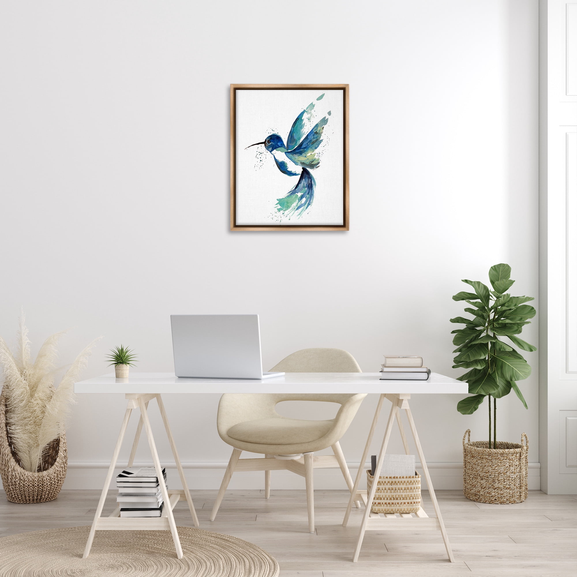 Stupell Industries Modern Blue Hummingbird Flying Animals & Insects Painting Brown Floater Framed Canvas Art Print Wall Art, 25 x 31