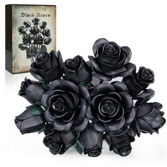 Black Rose Bouquet Building Blocks Set Gothic Artificial Flowers Botanical Collection Toys Christmas Valentine's Gifts for Women