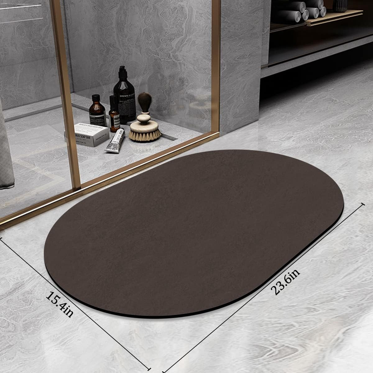 Thin Diatomaceous Earth Bath Mat,Non Slip Quick Dry Bath Mats for Bathroom,Super Absorbent Stone Bath Mat-Washable Shower Mat Bathroom Floor Mat (Brown Oval,15.4"x23.6")