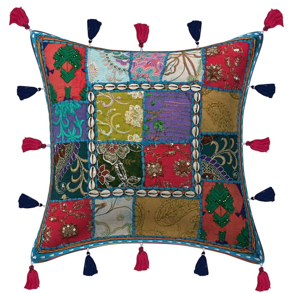 Stylo Culture Ethnic Sofa Throw Pillow Cover 16 x 16 Embroidered Patchwork Sea Shells Turquoise Boho Hippy 40x40 cm Bed Room Cotton Floral Square Cushion Cover | 1 Pc