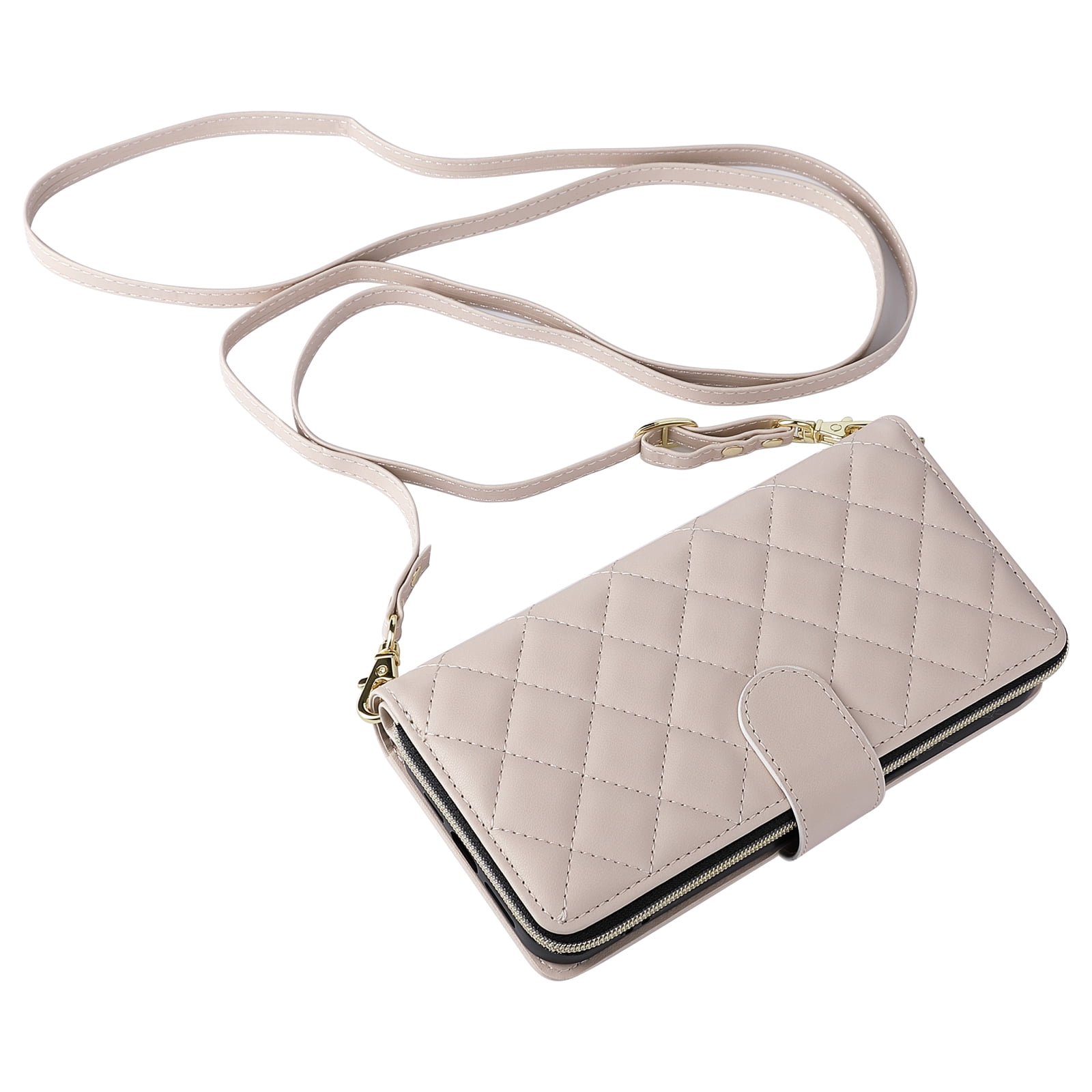 Allytechgroup Credit Card Slot RFID Blocking Shoulder Strap Lanyard Shockproof Leather Wallet Flip Stand Cell Phone Case for Apple iPhone 15, Beige