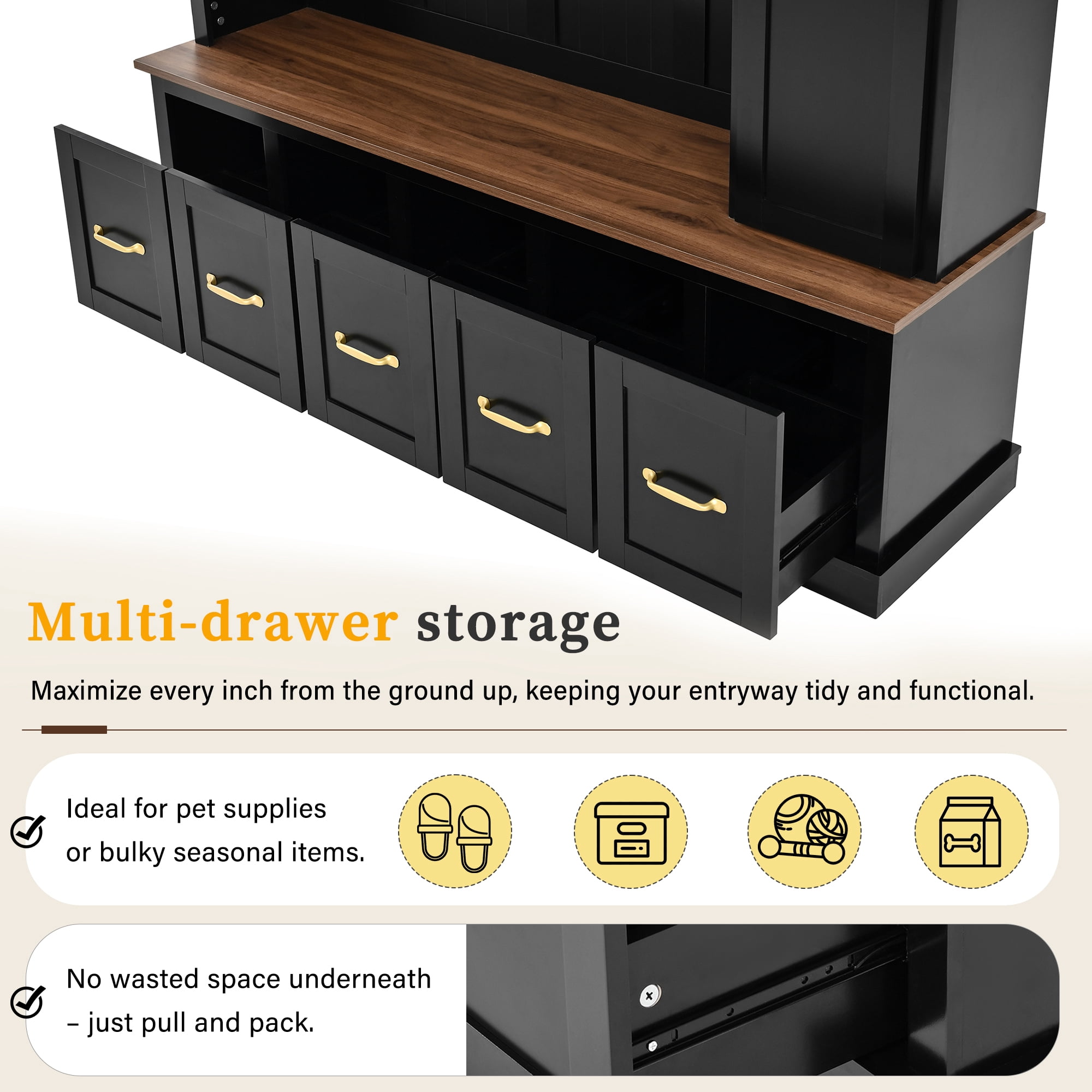 HOQBN 79"H Entryway Hall Tree with 5 Coat Hooks,Shoe Bench & 5 Drawer Storage Cabinet, All-in-One Storage Organizer Coat Rack for Hallway, Living Room,Black