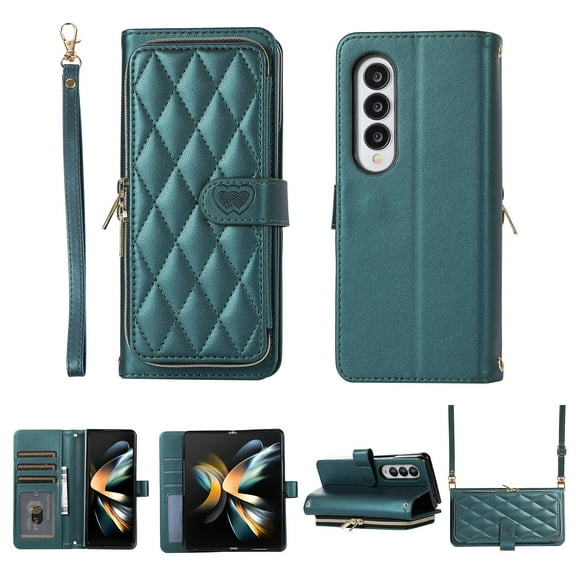 Nalacover for Samsung Galaxy Z Fold3 Premium PU Leather Crossbody Case with Shoulder Strap & Wrist Strap,Shockproof Magnetic Flip Kickstand Credit Card Slots Zipper Wallet Phone Case,Darkgreen