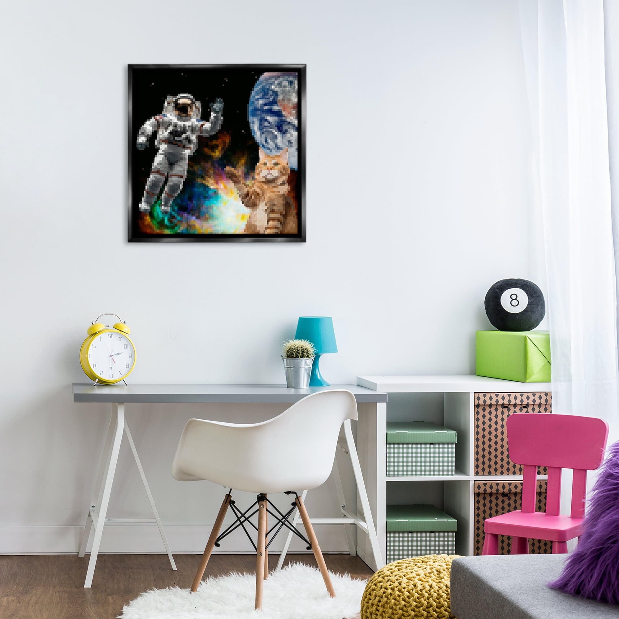 Stupell Industries Pixel Cat in Space Novelty & Humor Painting Black Floater Framed Canvas Art Print Wall Art, 25 x 25