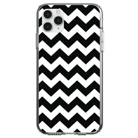 DistinctInk Clear Shockproof Hybrid Case for iPhone 11 Pro MAX (6.5" Screen) - TPU Bumper, Acrylic Back, Tempered Glass Screen Protector - Black & White Chevron Stripes - Chevron Stripes Pattern