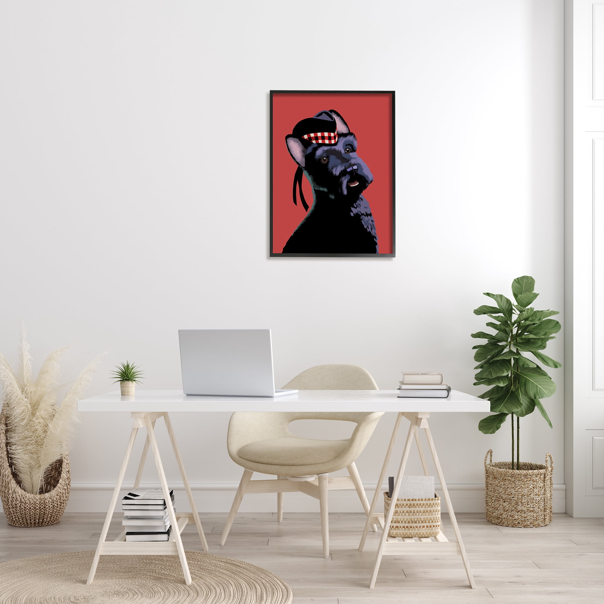 Stupell Industries Smiling Scottish Terrier in Red Plaid Hat Country Painting Black Framed Art Print Wall Art, 24 x 30, Design by Sally Springer Griffith