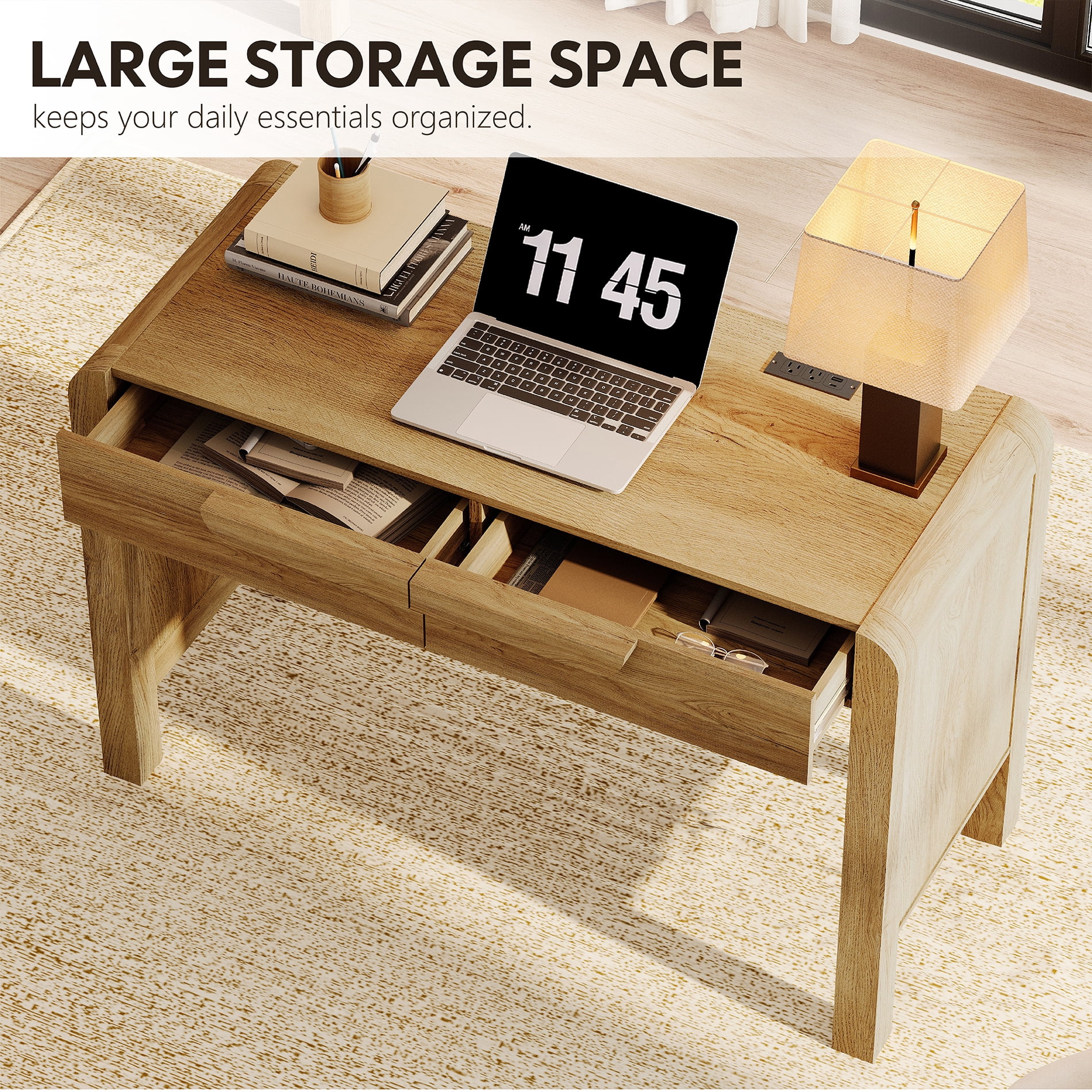47.2”W Mid-century Modern Curved Waterfall Writing Desk With 2 Drawers，Wood Computer Desk With Charging Station, Standing Desk For Home Office