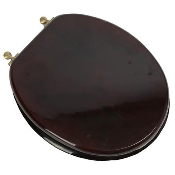 Plumbing Technologies 5F1R2-16AB Designer Solid Round Oak Wood Toilet Seat with Antique Brass Hinges, Mahogany