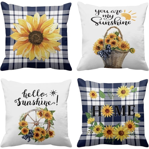 Set of 4 Throw Pillow Covers Sunflowers You are My Sunshine Blue Buffalo Grid Watercolor Decorative Pillow Cases Home Decor Standard Square 18x18 Inches Pillowcases