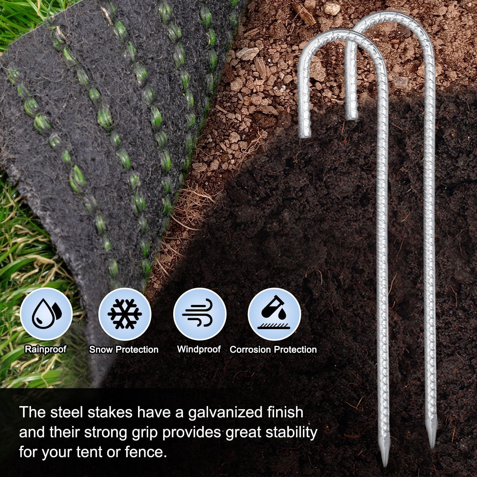 Uxcell 10-Pack J-Shape Hook Ground Stakes 12 Inch Steel Metal Camping Tent Stakes for Swing Sets/Fence Stakes