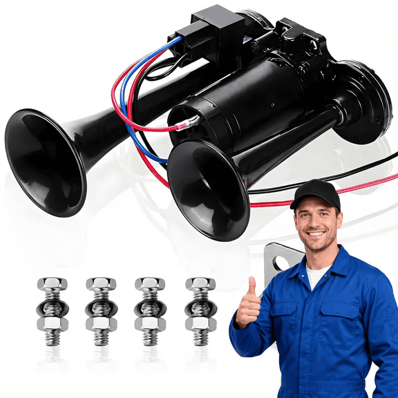 Universal 12V Electric Car Horn, Ultra-Loud Dual Tone Air Horn for Trucks, Cars, Motorcycles and Boats, Heavy Duty Vehicle Horn Kit, Black