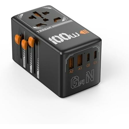 Universal Travel Adapter, 100W GaN International Power Adaptor with 4 USB Ports (2 USB C), Worldwide Plug Adapter for US to EU Europe UK AUS France Italy Spain Ireland(Type C G A I), Black