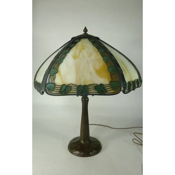 Pre-Owned Handel "Teroca" Filigree Panel Lamp w/ Handled Bronze Base Circa 1915