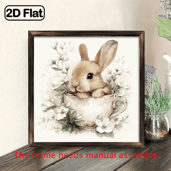 2D Flat - 1pc 2D Flat Classic Teacup Rabbit Wood Framed Sign Spring Bunny Floral Wall Art for Easter Decor, Spring Decoration, Farmhouse, Kitchen, Bedroom, Vintage Style, Wall Hanging, 8x8 Inch De