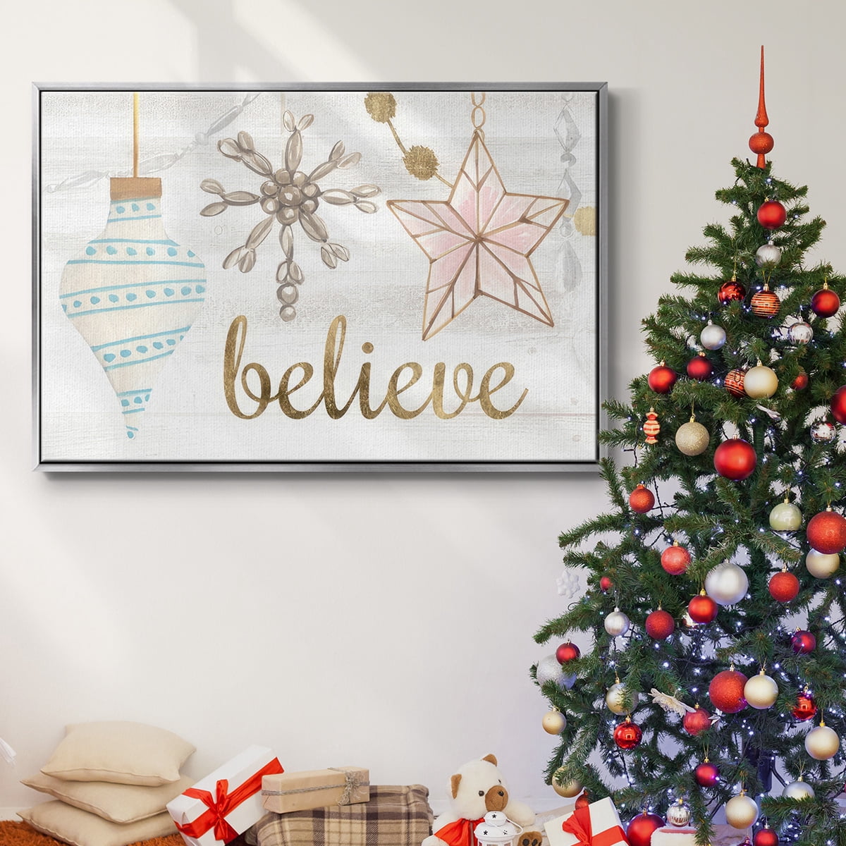Elegant Ornaments Collection A - Framed Gallery Wrapped Holiday Canvas - 27 x 41 - Silver Frame