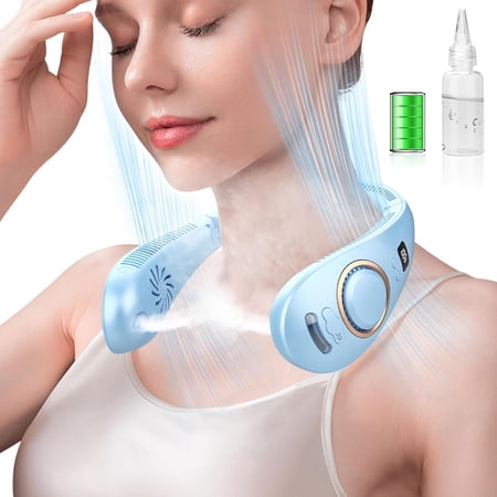 Portable rechargeable neck fan – foldable neck-mounted fan with misting, personal neck-wearing hanging fan, wireless neck cooler suitable for women, men, children, dads, moms extreme hot weather indo