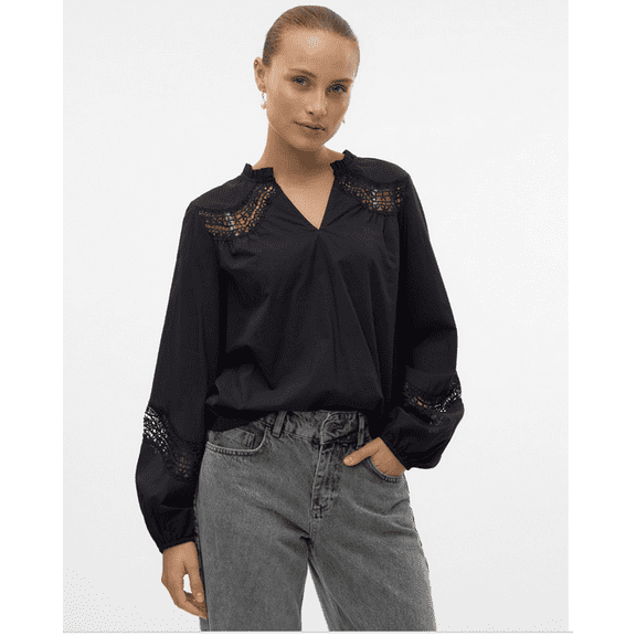 Vero Moda Women's Lace-Inset Long-Sleeve Top - Black