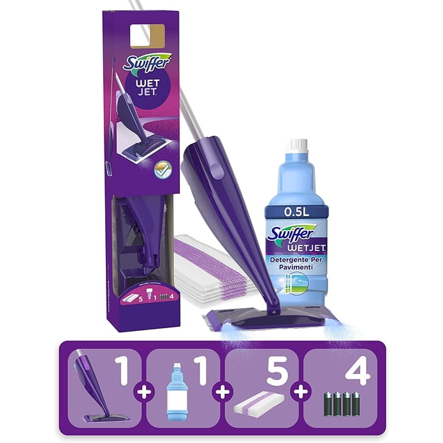Kit de inicio para mopa en aerosol para pisos Swiffer WetJet con 5 almohadillas y más
