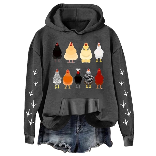 TINZ Femmes Décontracté Léger Ample Chandail à Capuche Manches Longues Imprimé Graphique Poulet Chandail Chandail Femmes Décontracté Grande Taille Tunique Chandail à Capuche Grande Capuche Femmes
