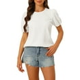 thumbnail image 1 of INSPIRE CHIC Women's Puff Short Sleeve Casual Round Neck Solid Top Pullover Keyhole Back Blouse White XS, 1 of 5