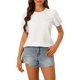 thumbnail image 1 of INSPIRE CHIC Women's Puff Short Sleeve Casual Round Neck Solid Top Pullover Keyhole Back Blouse White XS, 1 of 5