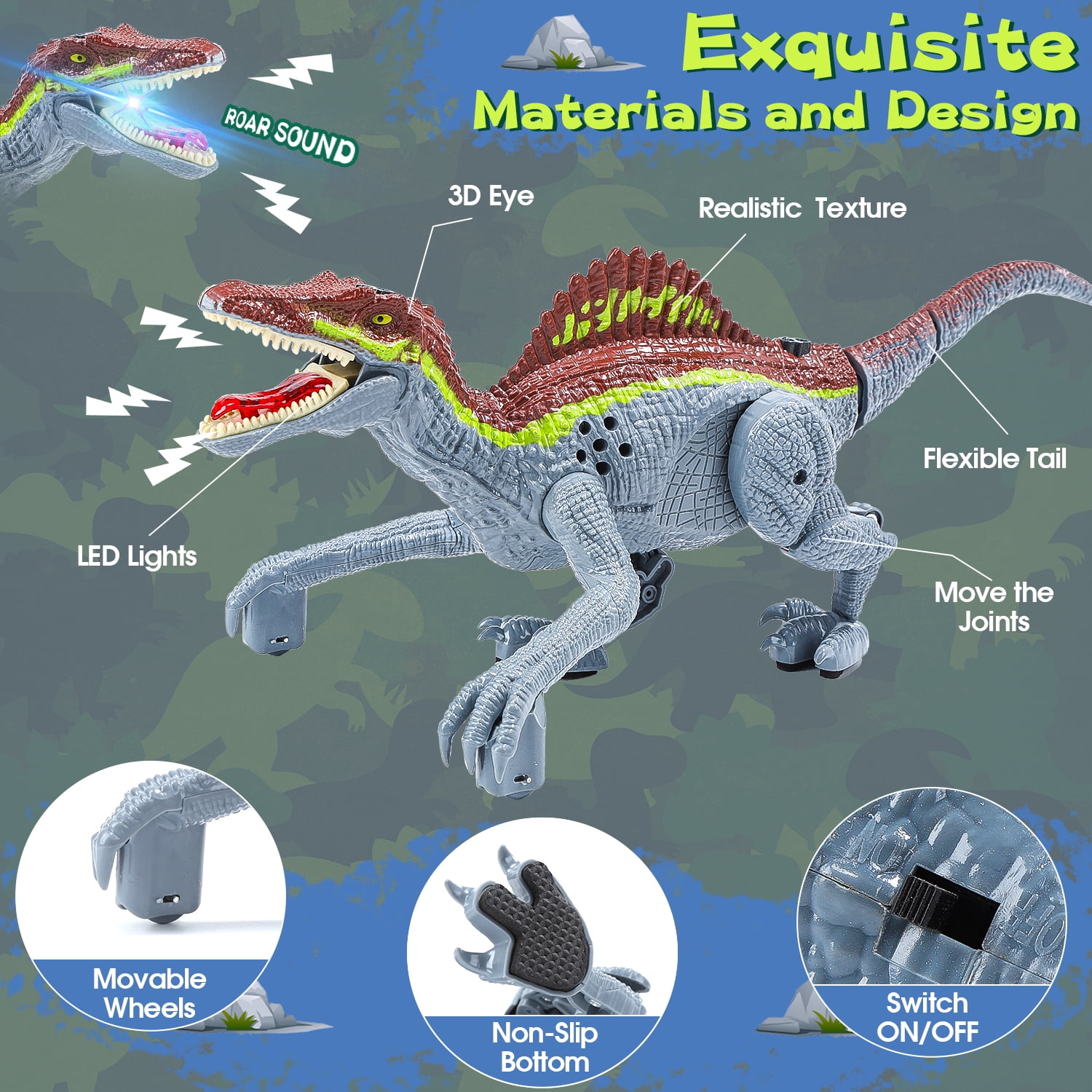 JoyStone Remote Control Dinosaur Toys, Gesture Sensing RC Dinosaurs - Realistic Walking, Roaring, and Spraying Spinosaurus Toys Robot Dinosaur for Kids, Grey