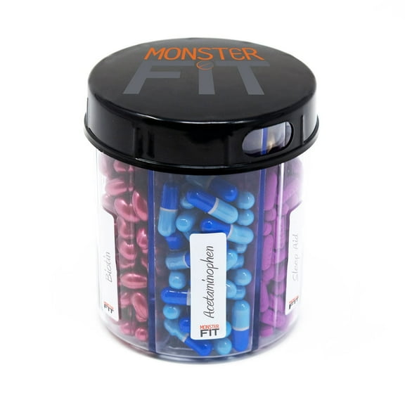 Pill Thing Monster Jr Daily Medication Sort Dose Organizer Secure Travel Pill Dispenser with Labels