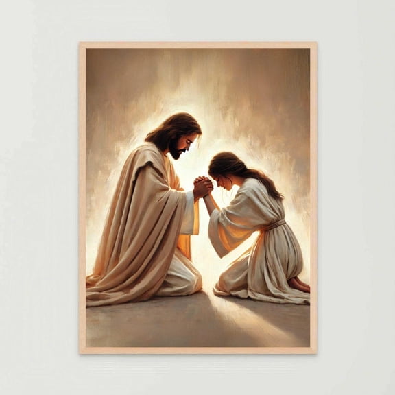 Jesus And Woman Praying Modern Christian Art Picture Bible Print Decor, Unframed Paper Poster 8x10in