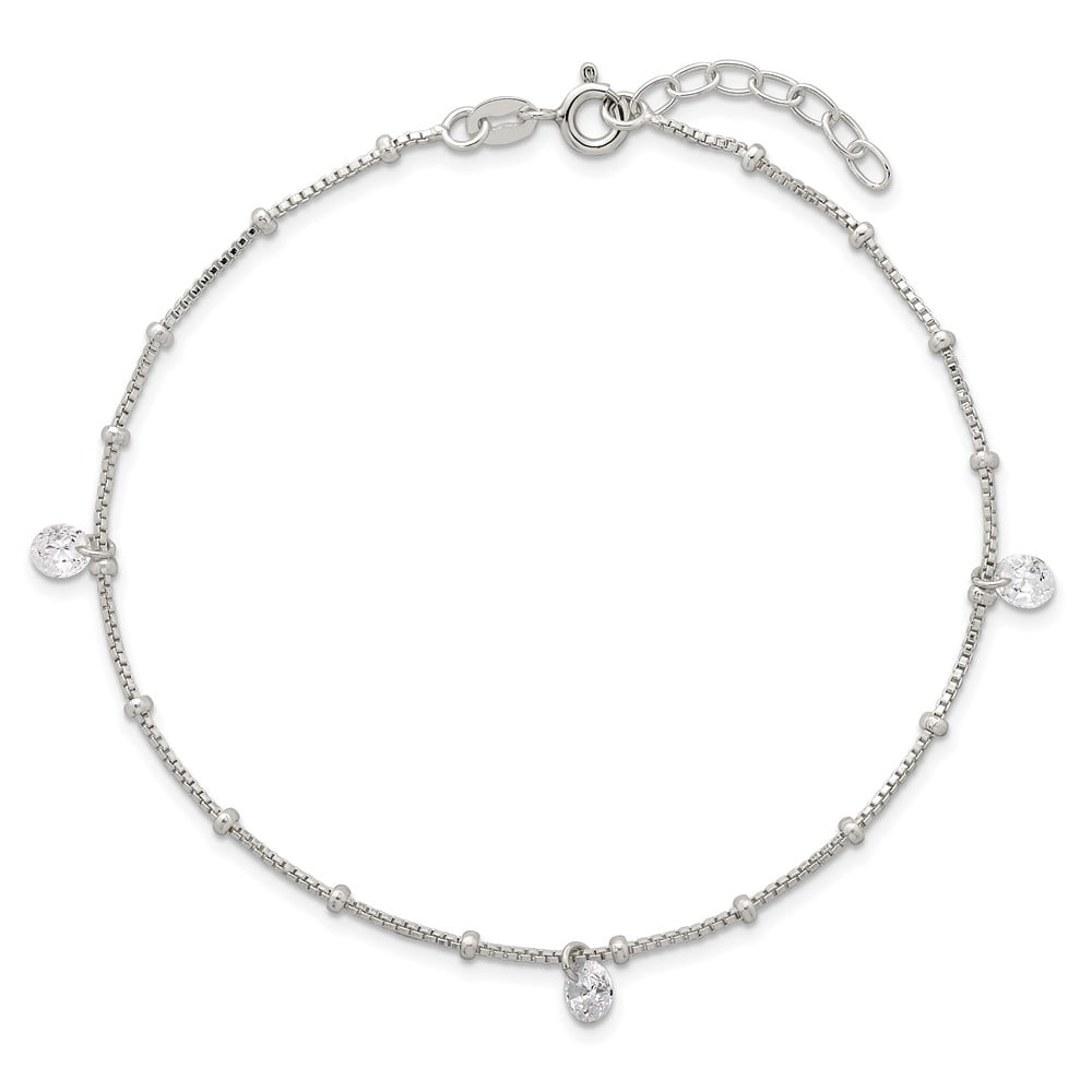 Sterling Silver Polished Beaded with White CZ Dangles 9 inch with 1 inch Extension Anklet