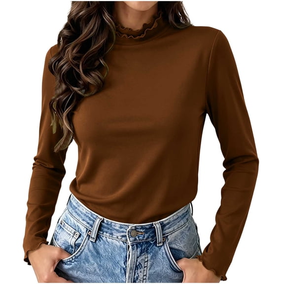 Seffadzy Women's Stand Collar Undershirt Ruched Trim Long Sleeve Brushed Fleece Solid Color Stretchy Thermal Base Layer Top Brown M