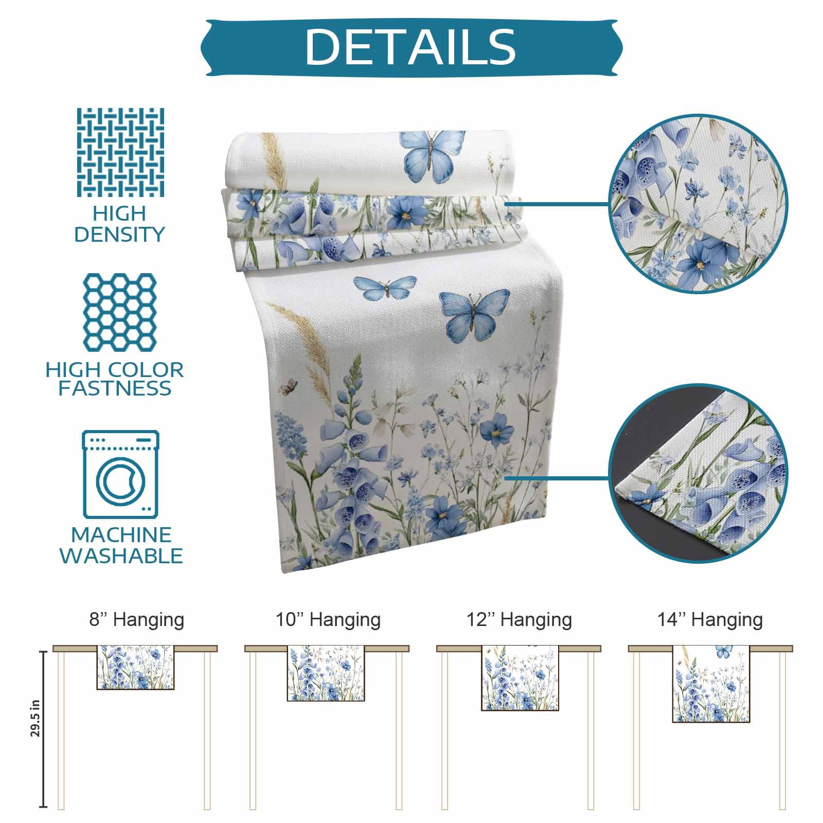 Ldtrchee Blue Spring Floral Table Runner 72 Inches, Butterfly Summer Botanical Elegant Bed Runner Dresser Scarves Tabletop for Indoor Outdoor Parties/Ceremony/Banquet, 18" x 72"