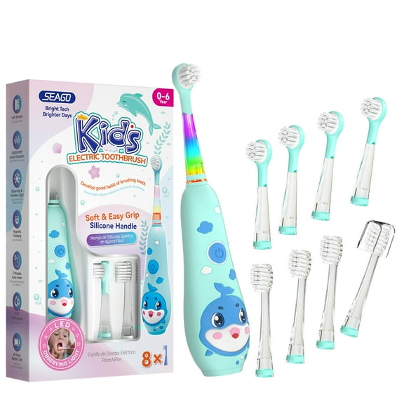 Seago Rechargeable Kids Electric Toothbrush,SG-2139Blue,Magnetic Charging,LED Observing Light,8 Toothbrush Heads,for Kids 0-6