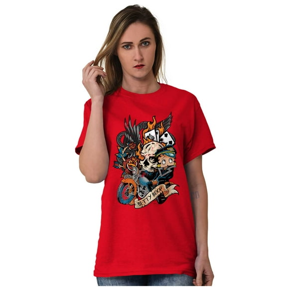 Betty Boop Biker Flaming Skull Tattoo Women Plus Size Graphic Tee Tees Brisco Brands 2X
