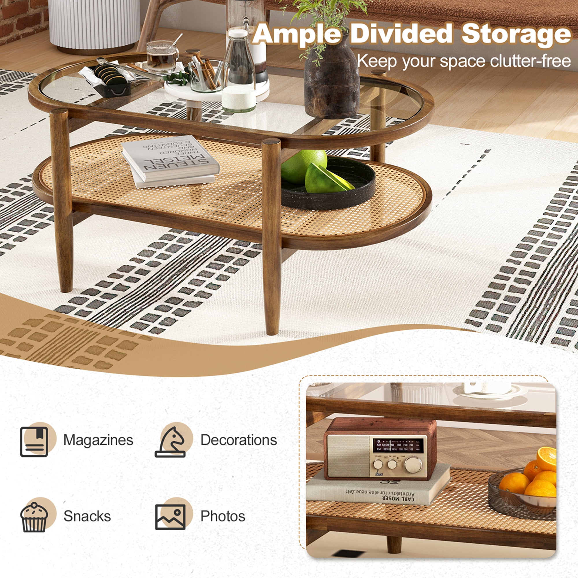 Costway 2-Tier Coffee Table Tempered Glass Top with PE Rattan Shelf & Acacia Wood Frame Brown