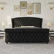 VanAcc Queen Size Platform Bed Frame, Velvet Upholstered Sleigh Bed Frame with Scroll Wingback Headboard & Footboard/Button Tufted/Easy Assembly/Black