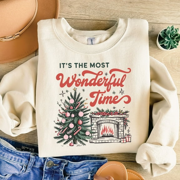 It’s the Most Wonderful Time Christmas Sweatshirt – Cozy Holiday Tree & Fireplace Graphic Pullover for Women