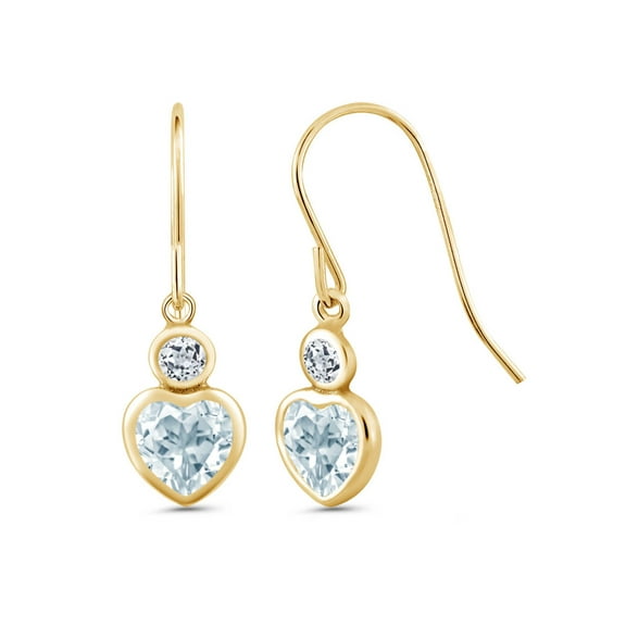 Gem Stone King 14K Yellow Gold Sky Blue Topaz and White Topaz Drop French Wire Earrings for Women (1.40 Cttw, Gemstone November Birthstone, Heart Shape 5MM, Round 3MM)