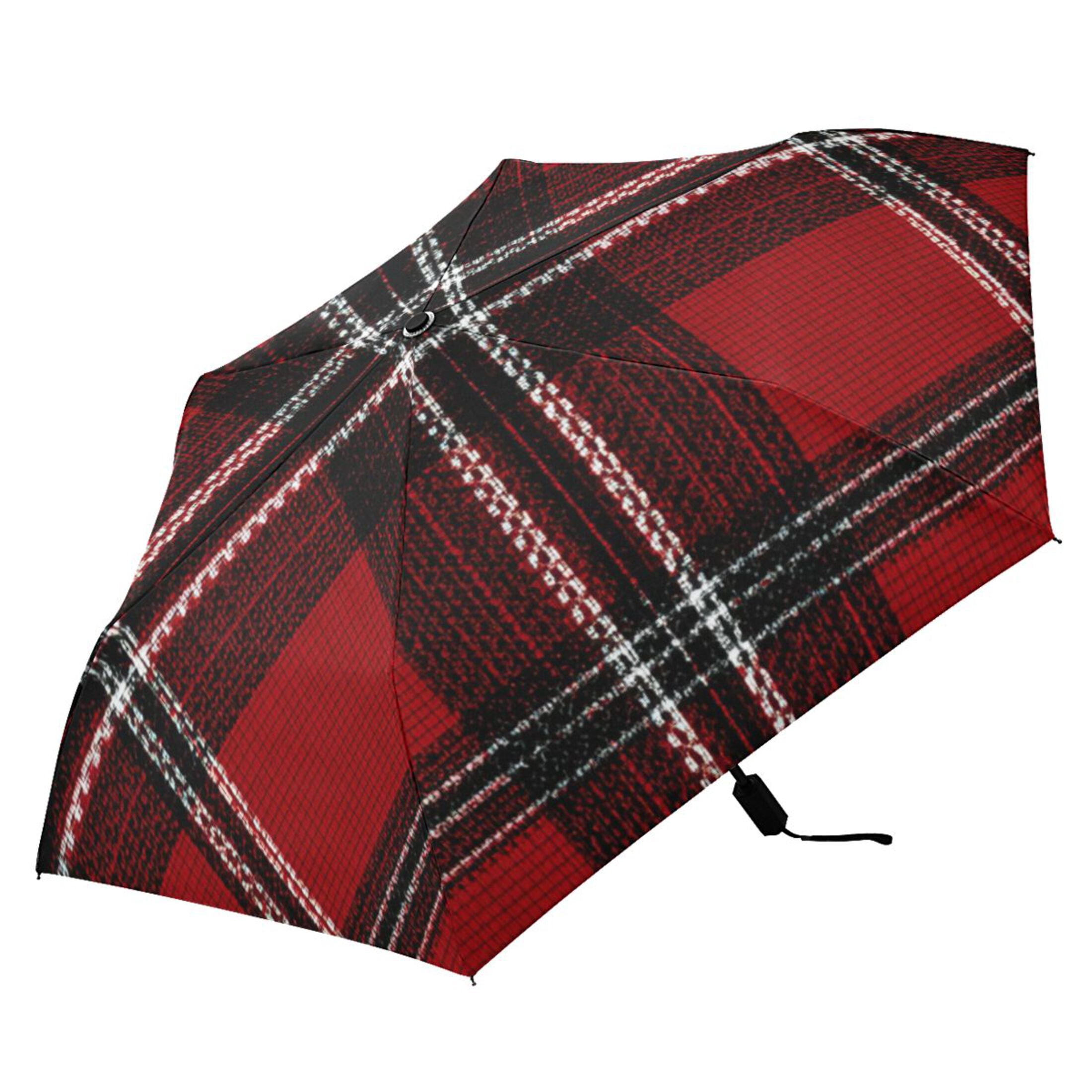 Red Black Tartan Plaids Fabric Texture All Weather Umbrella Triple Folding Parasol 6 Ribs UV Protection Portable