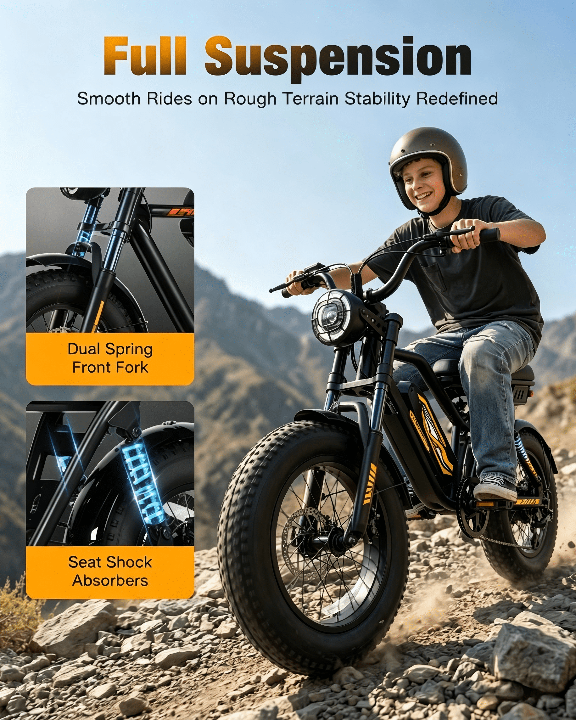 1000W 25mph Moutain Ebike,Electric Bike for Teens, 48V 15.6AH 16" Fat Tire Electric Bicycle Full Suspension UL2849 Age 13+