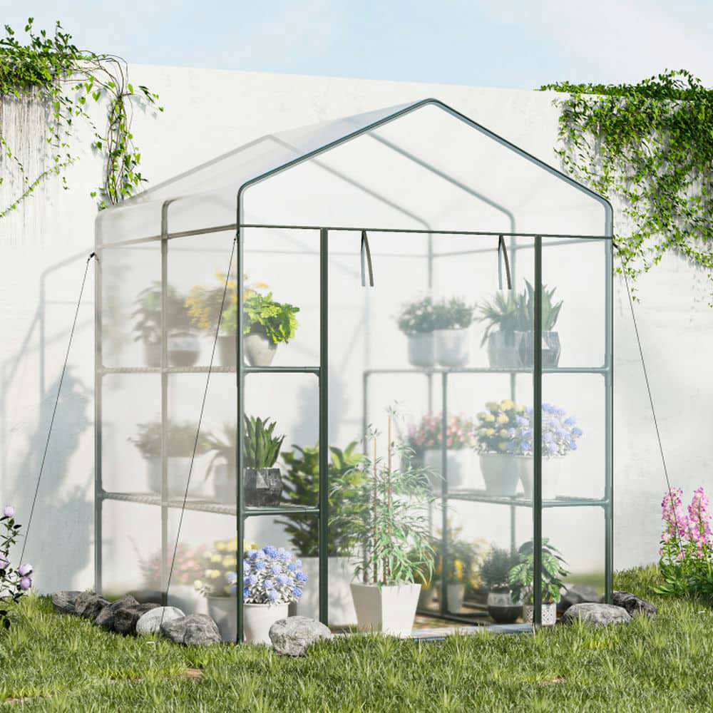 Spaco Walk-in Greenhouse with 3 Tiers 8 Shelves PVC Cover Roll-up Zippered Door, Walk-in Greenhouse for Outdoor, Transparent