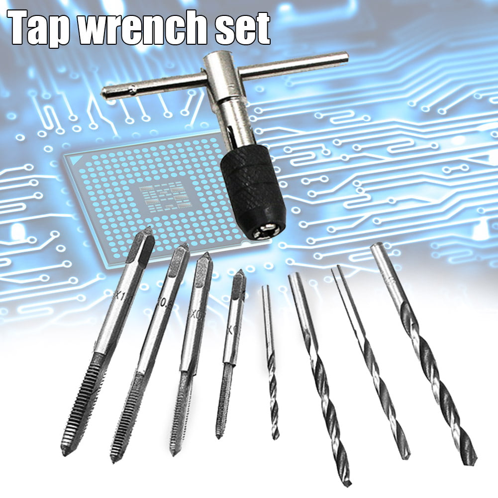 9Pcs Hand Tap Set Screw Thread Taps T Wrench Reamer M3-M6 Twist Drill 