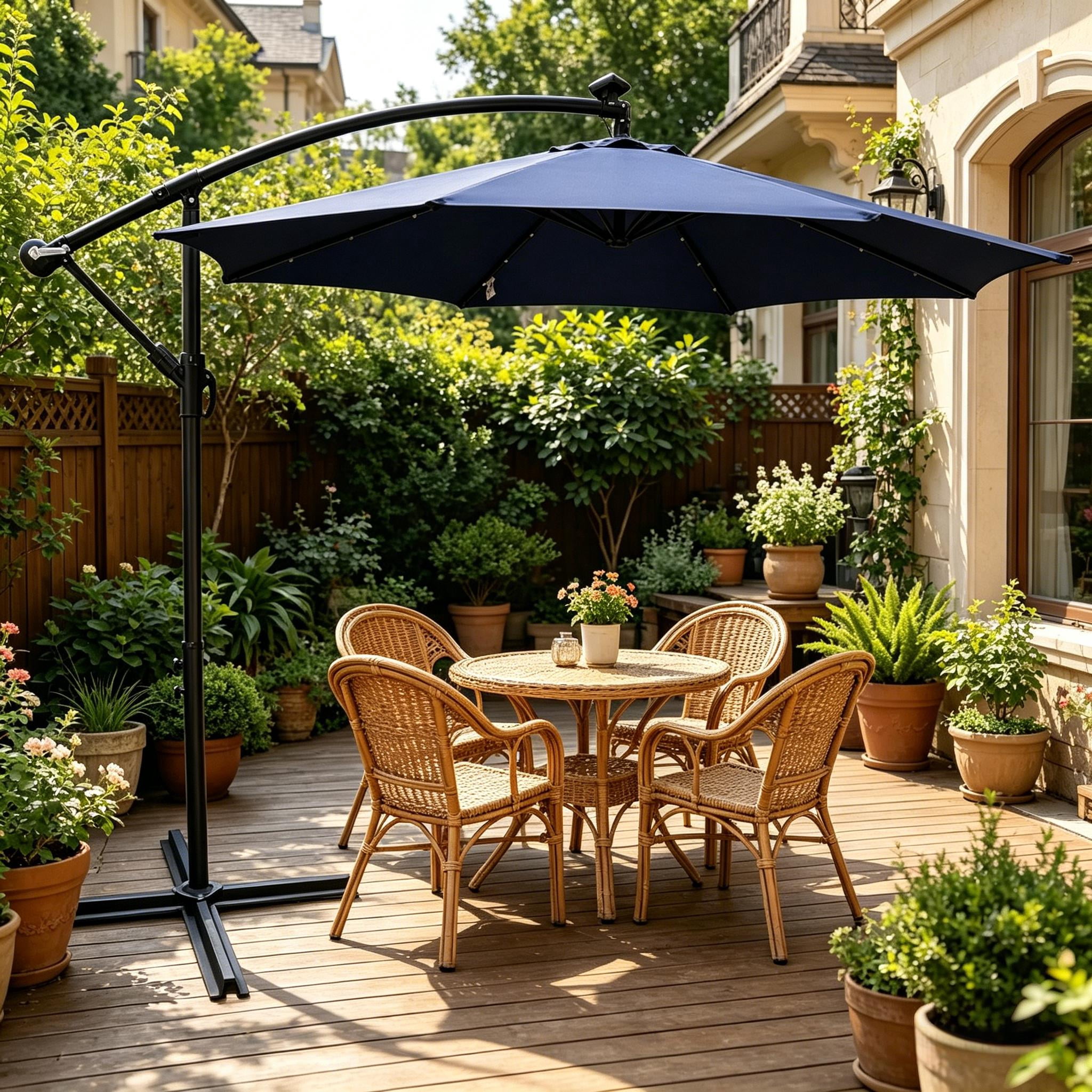 Howcool 10 ft Outdoor Patio Umbrella Solar Powered LED Lighted Sun Shade Market Waterproof 8 Ribs Umbrella with Crank and Cross Base for Garden Deck Backyard Pool Shade Outside Deck Swimming Pool