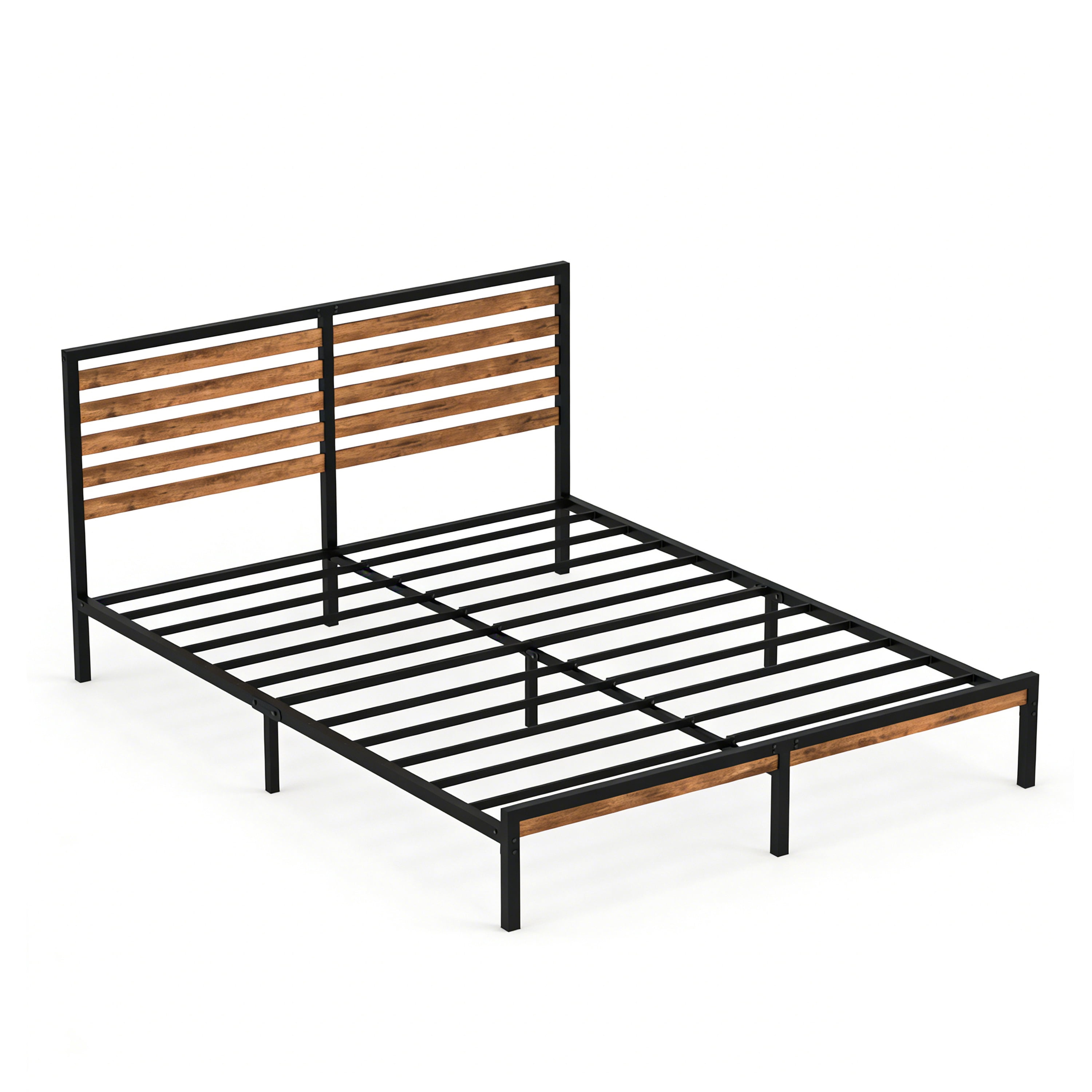 Full Size Metal Platform Bed Frame, Rustic Brown & Black Bed with Wood Headboard, Noise-Free Slat Support, Under Bed Storage Space, No Box Spring Required