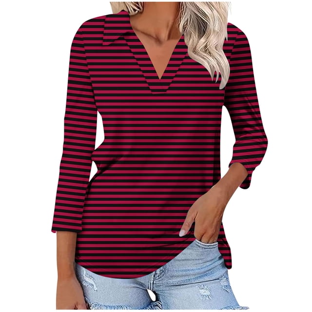 Timegard Tuniques Rayées pour Femmes Col à Revers en V Manches 3/4 T-Shirts Blouses Décontractées Mode
